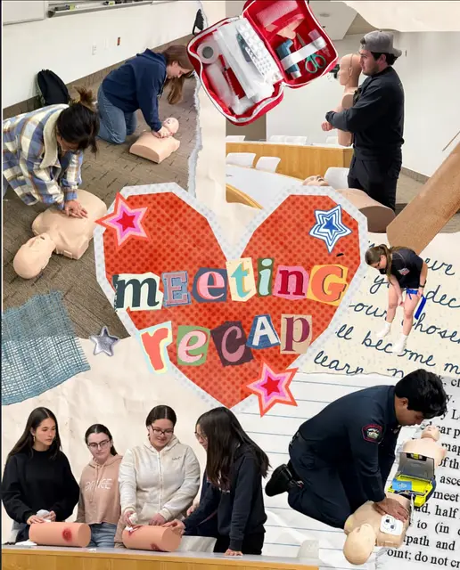 A hand-made "meeting recap" collage board, with CPR training manikins in use behind it.
