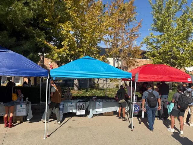 A row of blue, teal and red canopies at an outdoor campus organisation fair.